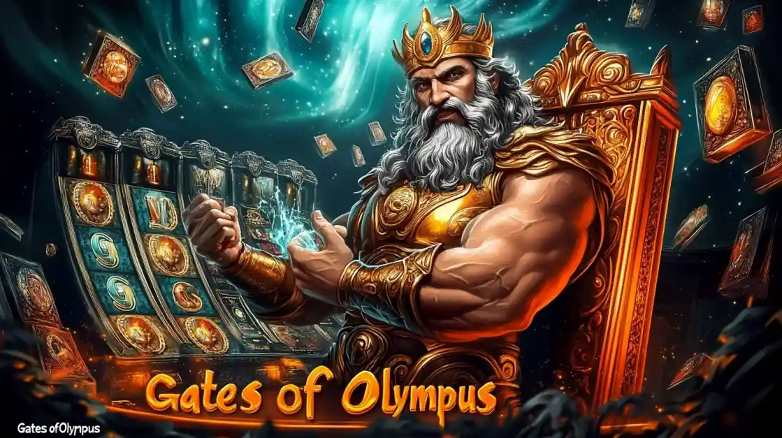A majestic Zeus figure on a golden throne, surrounded by floating cards and a bgd33 slot machine, with Gates of Olympus prominently displayed, inviting players to a mythical gaming experience.