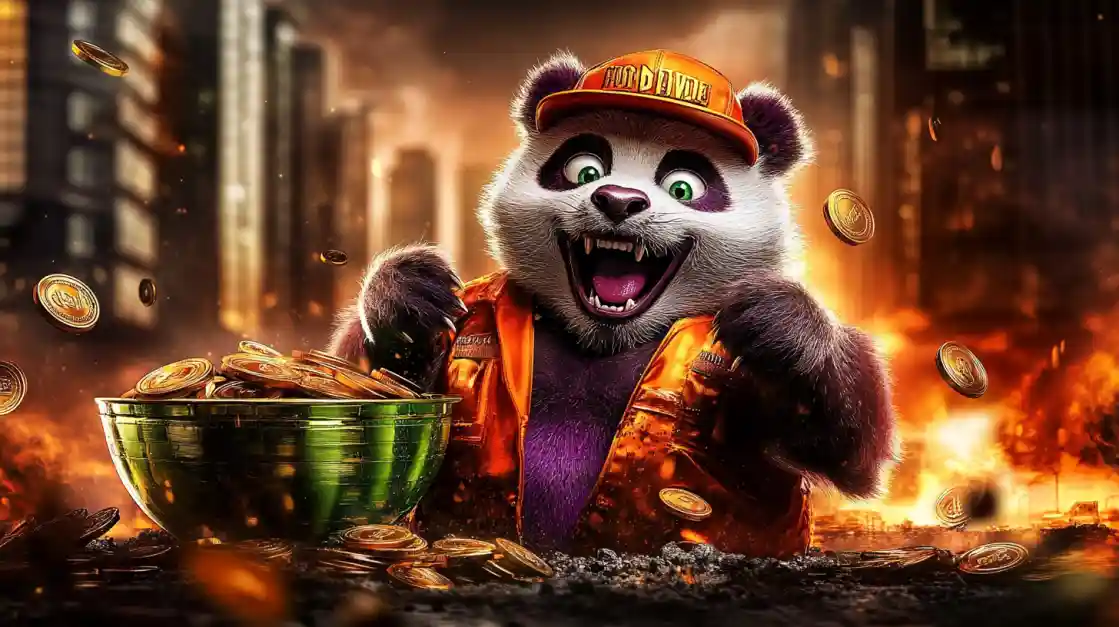 A cheerful panda character surrounded by golden coins, symbolizing wealth and good fortune with bgd33.