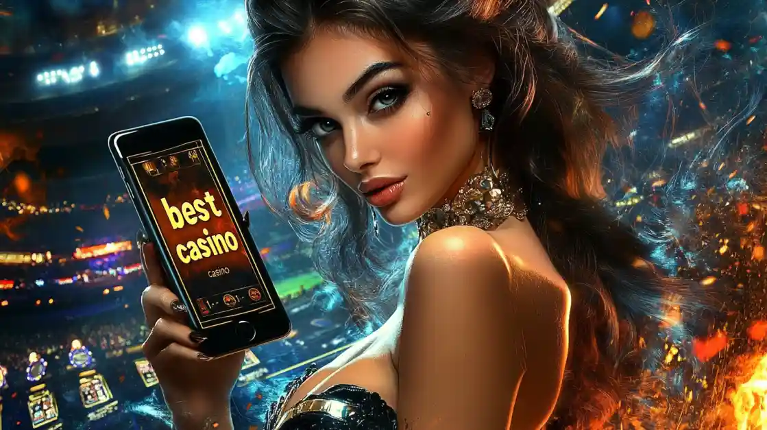 A woman holding a phone showcasing the bgd33 casino app in a vibrant stadium-like setting.