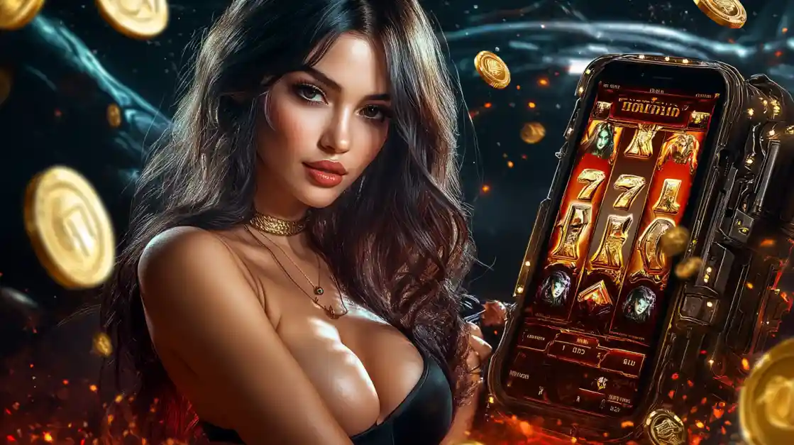 A confident woman holds a smartphone displaying a bgd33 mobile slot game with 777 symbols and golden coins.